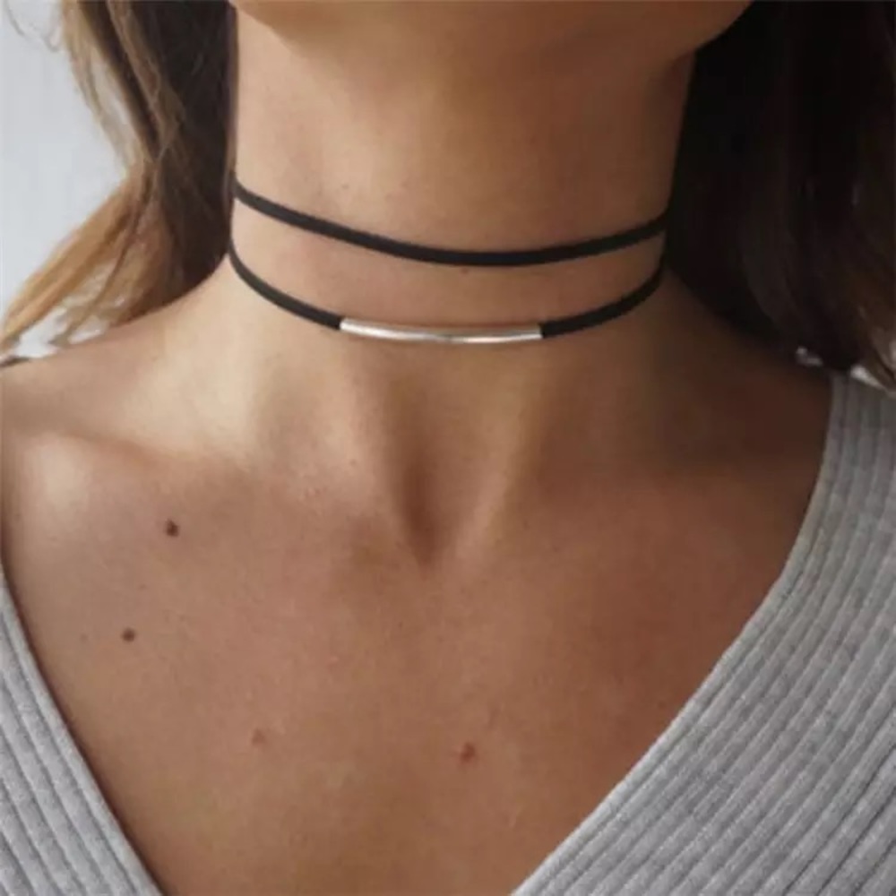 🔥CHOKER NECKLACE🔥BLACK LAYERED BAR CHOKER NECKLACE SILVER OR GOLD NEW - Picture 3 of 6